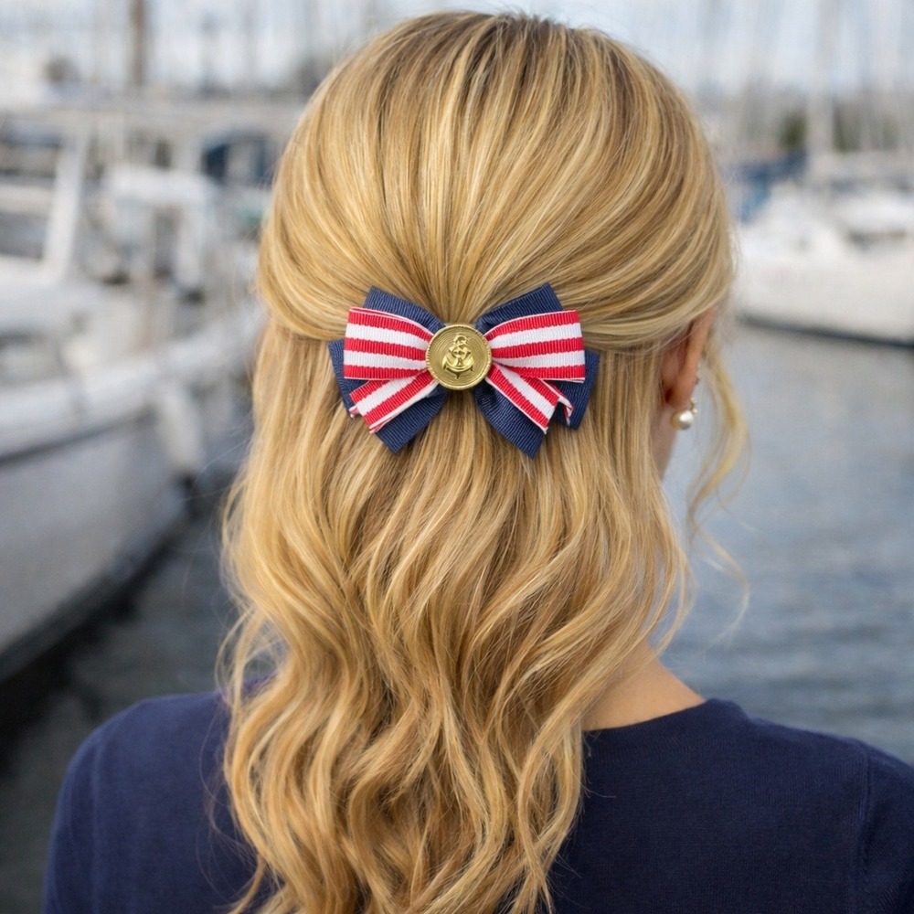 Vtg Karina Nautical Hair Bow Barrette Navy Redβ White Striped Gold Anchor Franc